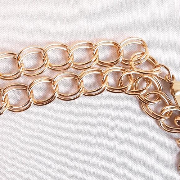 Statement Choker Necklace Gold Tone Double Chain Links Multi Size Pearly Beads - Picture 6 of 12